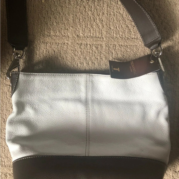 TIGANELLO BROWN AND WHITE PEBBLE LEATHER BUCKET SHOULDER HANDBAG NEW - Picture 2 of 8